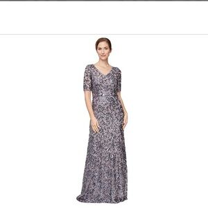 NWT Alex Evenings Purple Sequin Maxi Gown Flutter Sleeve